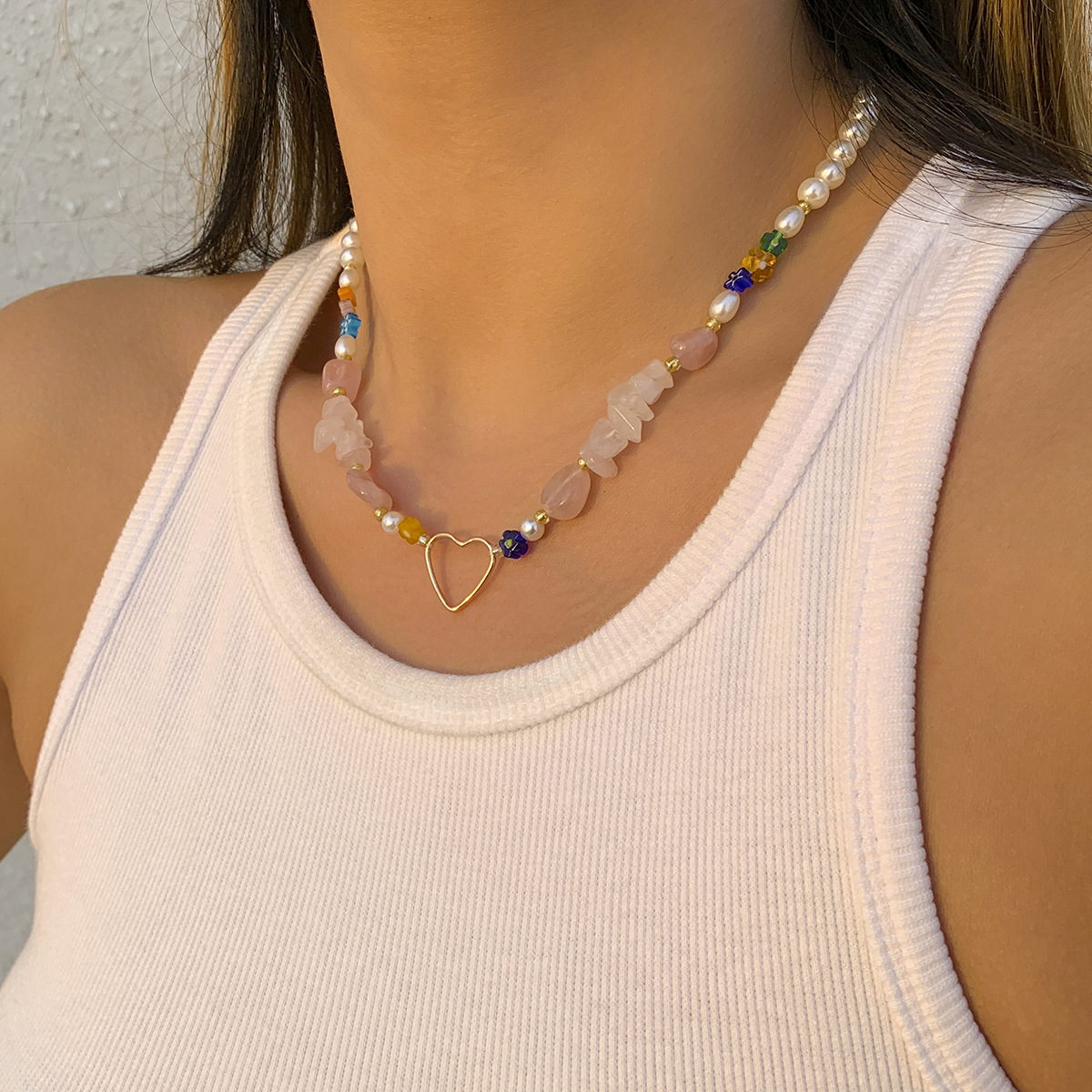 民族风拼接碎石个性短款锁骨链项饰欧美复古仿珍珠爱心小众项链女