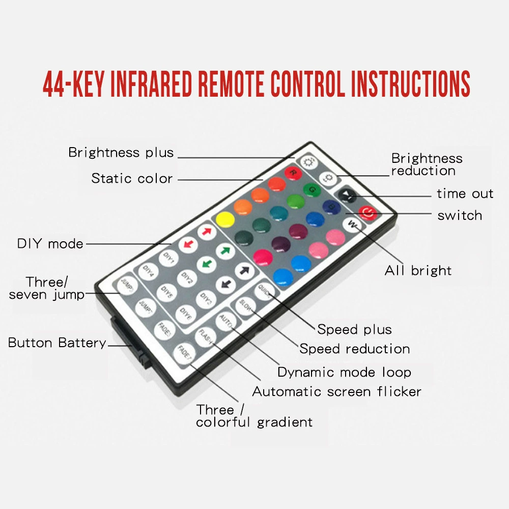 Светодиодная RGB лента 5050 SMD, 60 свет/м, Bluetooth 44‑кнопки + приложение, 12В, IP20/IP65