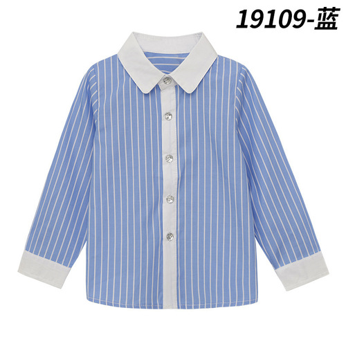 Children's shirts Korean style children's clothing British style cotton red and blue striped long-sleeved shirts for boys and girls pleated inch shirts school uniforms summer