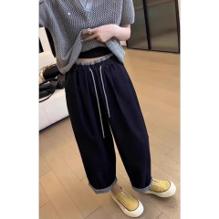 深蓝色哈伦牛仔裤女春季新款大码胖mm小个子高腰显瘦直筒阔腿裤子