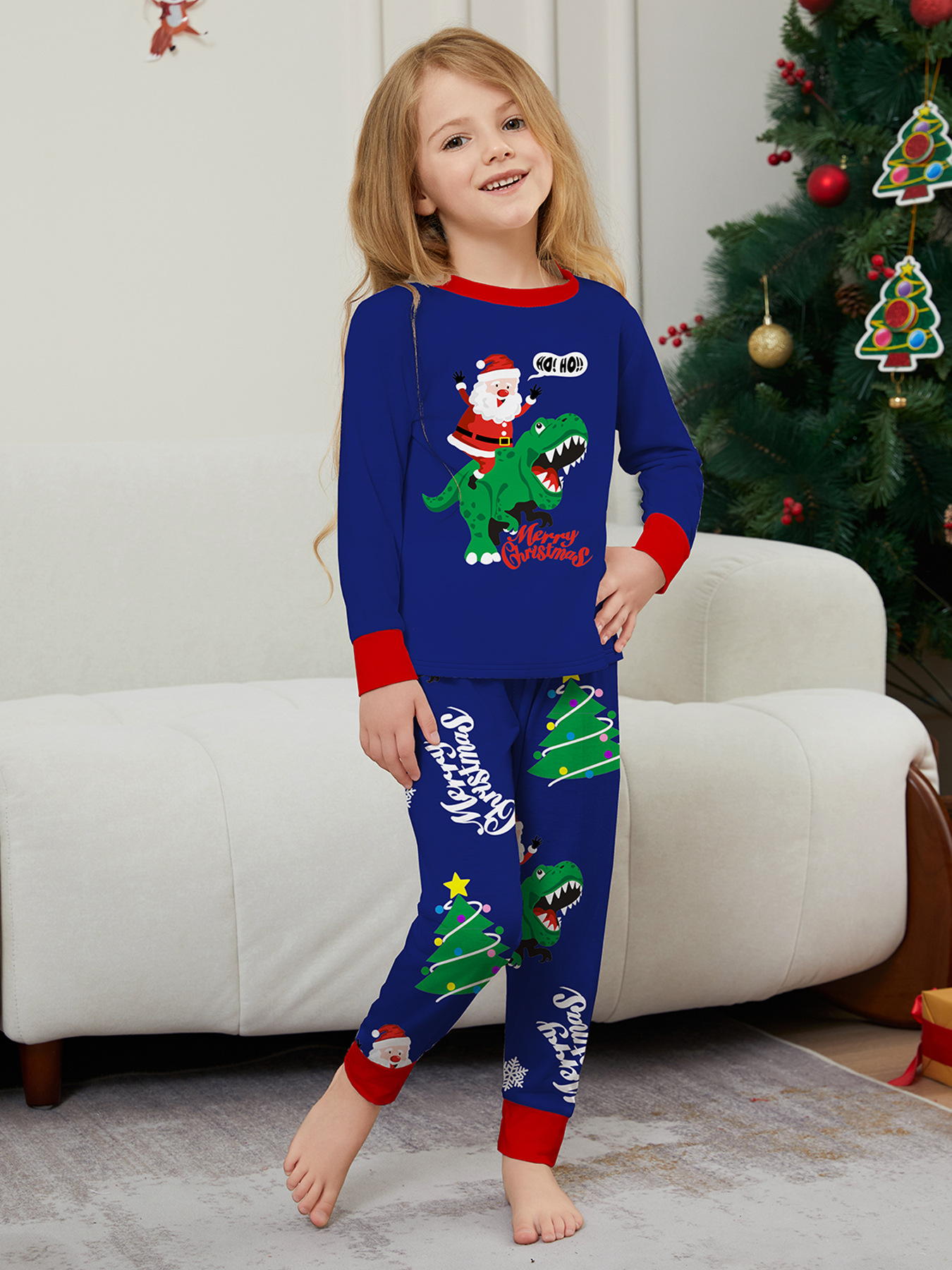 Božićna kućna odjeća Obiteljska odjeća Zelena pidžama s printom dinosaura Djeda Mraza Plavo odijelo_voghion.com