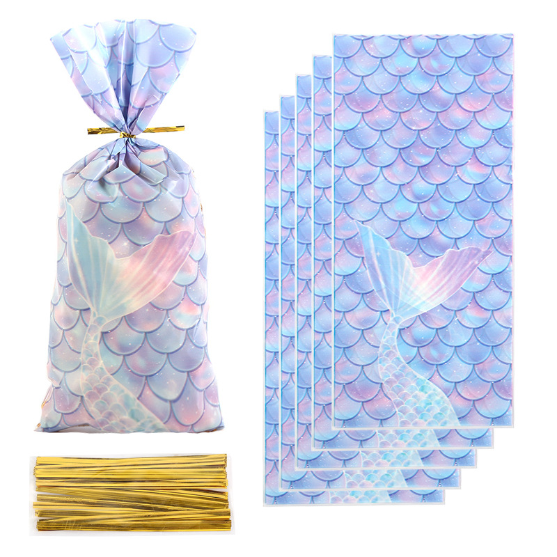 Sirena escala patrón fiesta caramelo bolsa de cordón copo de nieve crujiente bolsa de embalaje corbata bolsa de regalo OPP transparente bolsillo plano