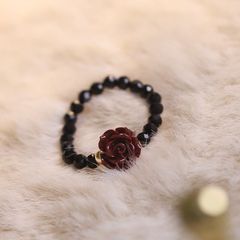 復古硃砂玫瑰花戒指黑水晶串珠指環女韓版氣質網紅食指彈力戒圈