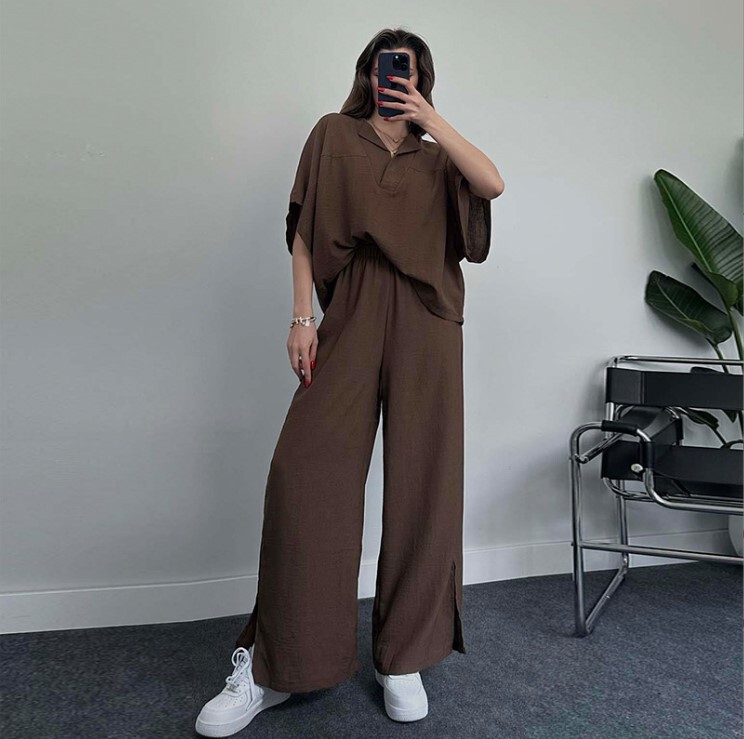 2025 Summer European and American Casual Suit, Loose Lapel Comfortable Top, Elastic Waist Wide-Leg Pants Two-Piece Women's Set 2025 Summer European and American Casual Suit, Loose Lapel Comfortable Top, Elastic Waist Wide-Leg Pants Two-Piece Women's Set