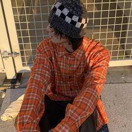 zj822美式复古橘色格纹长袖衬衫男女春秋宽松百搭休闲高街情侣衬