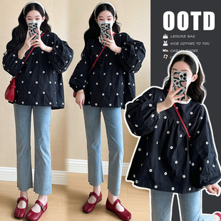 in stock Real Shot Spring New Korean Loose Embroidered Shirt Pregnant Women's Top