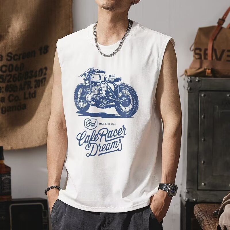 plus size Vest Men's Summer New American Style Motorcycle Printed Sleeveless T-Shirt Loose Trendy Brand plump handsome ins waistcoat