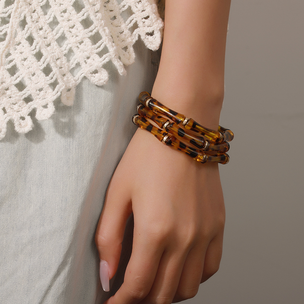 Nuevos productos transfronterizos retro europeos y estadounidenses de bambú tubo acrílico cuentas pulsera de cuerda elástica multicapa para mujeres 3 piezas de brazalete image 4