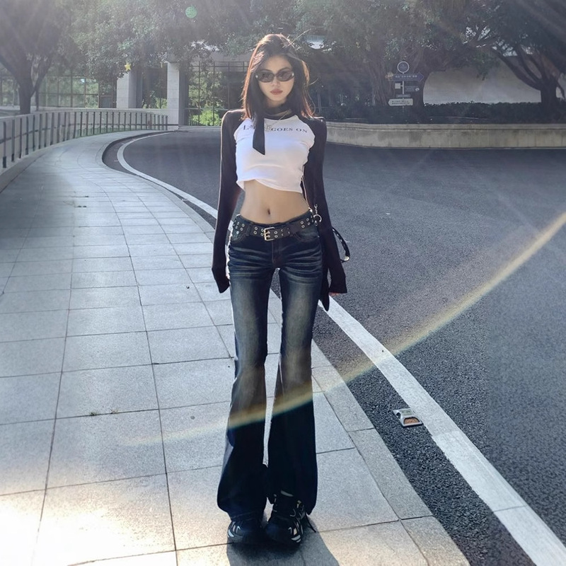 辣妹美式复古低腰微喇叭牛仔裤女2025春秋新款弹力修身显瘦马蹄裤|undefined