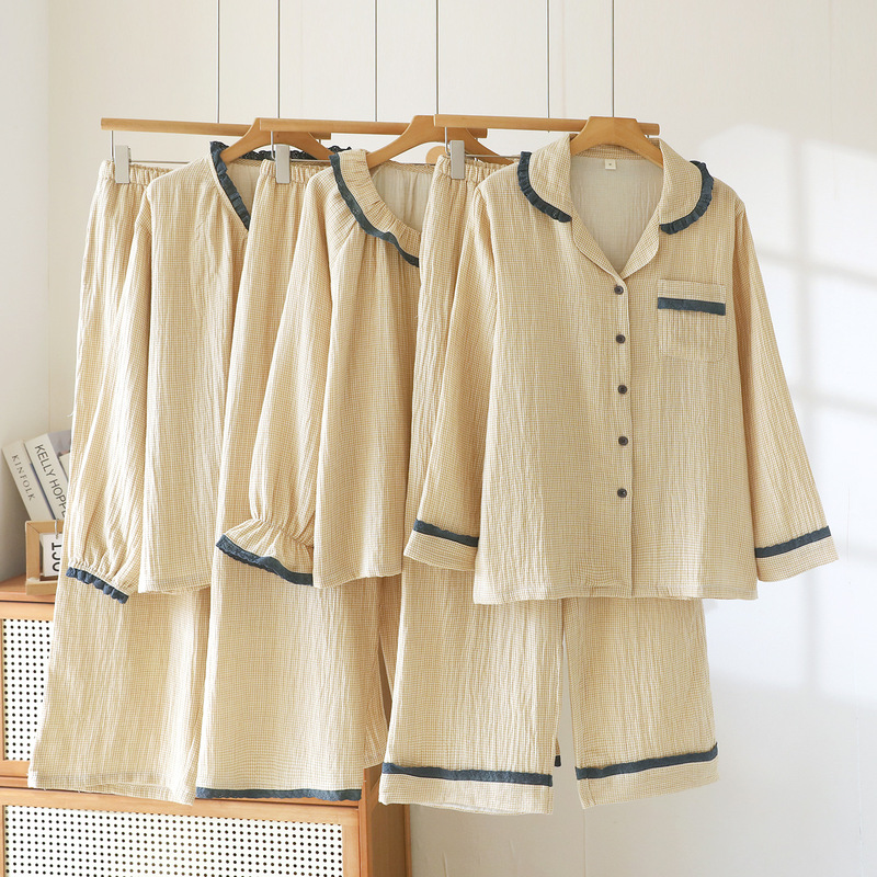 Pure cotton double-layer crepe autumn vintage pajamas for women, spring and autumn long-sleeve loose lace collar home wear set suitable for outerwear Pure cotton double-layer crepe autumn vintage pajamas for women, spring and autumn long-sleeve loose lace collar home wear set suitable for outerwear