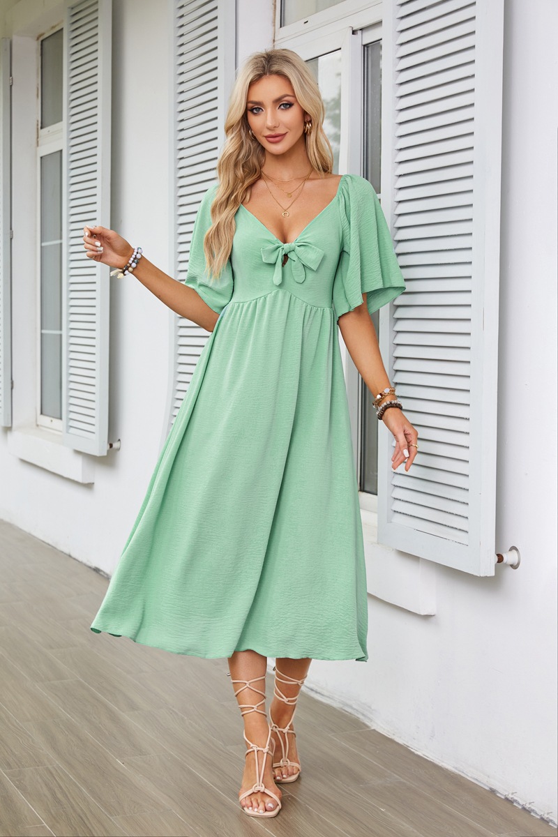 Women's Swing Dress Simple Style V Neck Bowknot Short Sleeve Solid Color Midi Dress Daily display picture 25