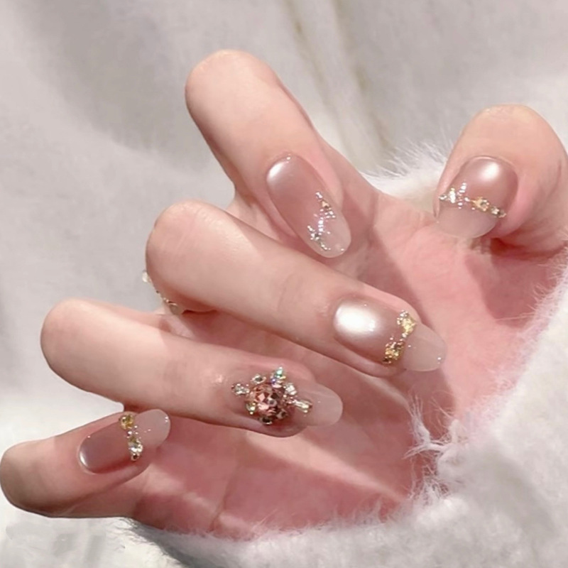 [Peach Branch Sake] Purely Handmade Wearable Nails, Nude French Style with Diamonds, Pure Lust Cat's Eye, High-End Pure Handmade Nail Polish