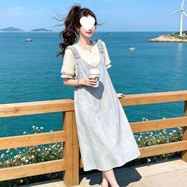 背带裙套装女中长款2026夏季新款学院风宽松遮肉休闲两件套连衣裙