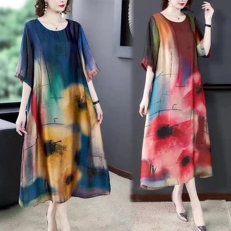 Plus Size Women's Clothing 2023 Summer Korean Style Short-Sleeved Round Neck Fashionable Printed Mother's Clothing Age-Reducing Short Skirt Belly-Covering Dress