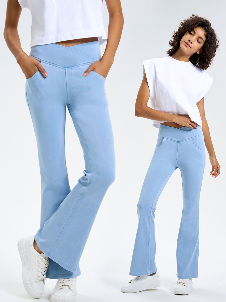 Nuevo cross-border yoga de cintura alta jeans jeans de boquilla de mujer adelgazamiento de cadera de doble bolsillo pantalones casuales deportivos