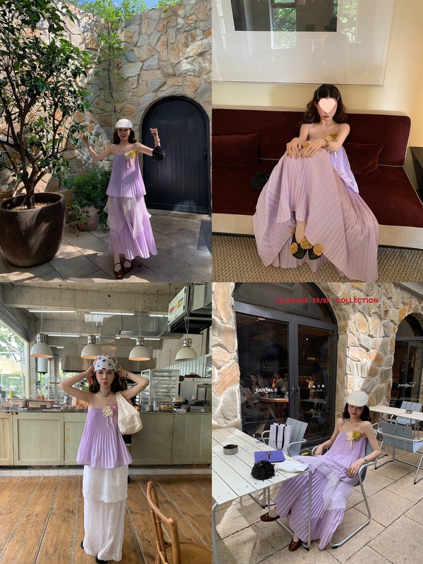 ル・ルージュ 周美梅 ファンタジーディープライラック スタイリッシュプリーツテクスチャーA裾サスペンダーロングスカートスーツ|undefined