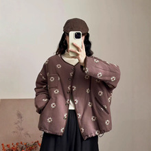 日系森系刺绣磨毛加棉棉衣女冬季新款抽绳下摆宽松百搭棉服外套女