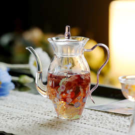 手工贴花繁花花茶冷泡壶仿宋玻璃执壶泡茶壶单壶高颜值防烫把手壶