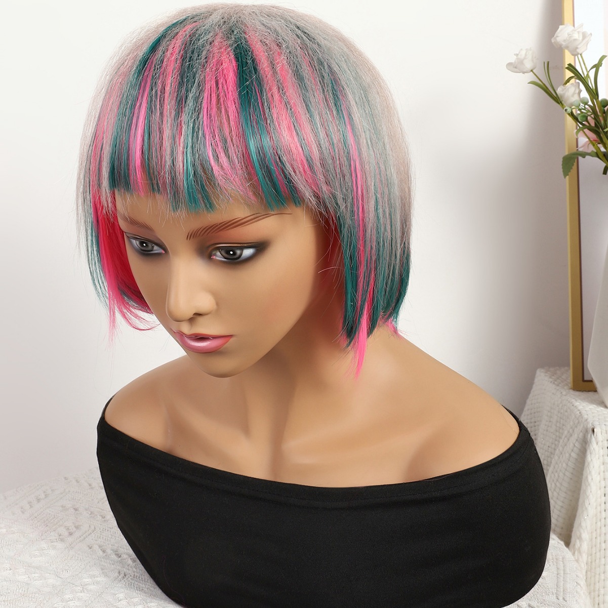 Transfronterizo nuevo gris rosa mezcla gradiente largo recto 12 pulgadas sin encaje pelo recto europeo y brasileño peluca