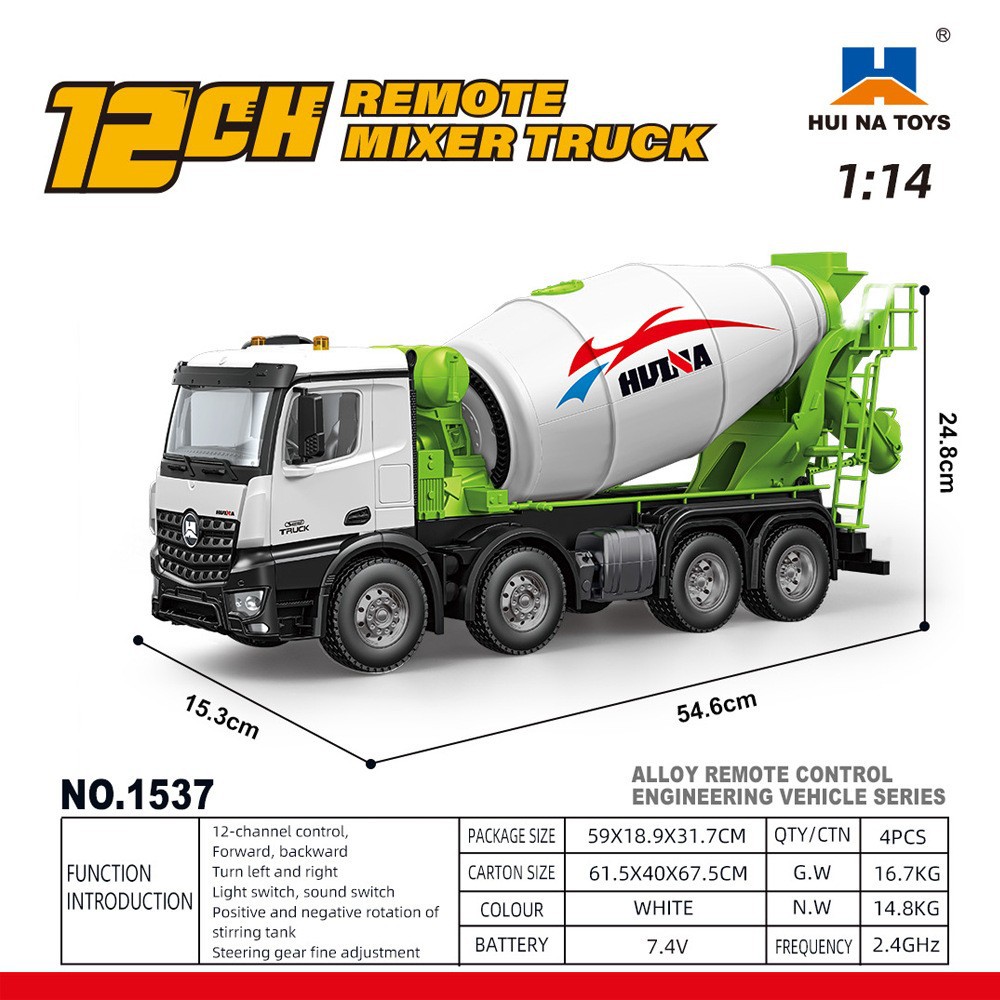 HuiNa1536pro nuevo producto 1537 aleación control remoto 1: 14 rueda de proporción completa camión volquete de ingeniería pesada camión mezclador