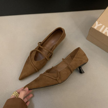 法式复古绒面尖头细跟玛丽珍单鞋女2025春季新款通勤小猫跟晚晚鞋