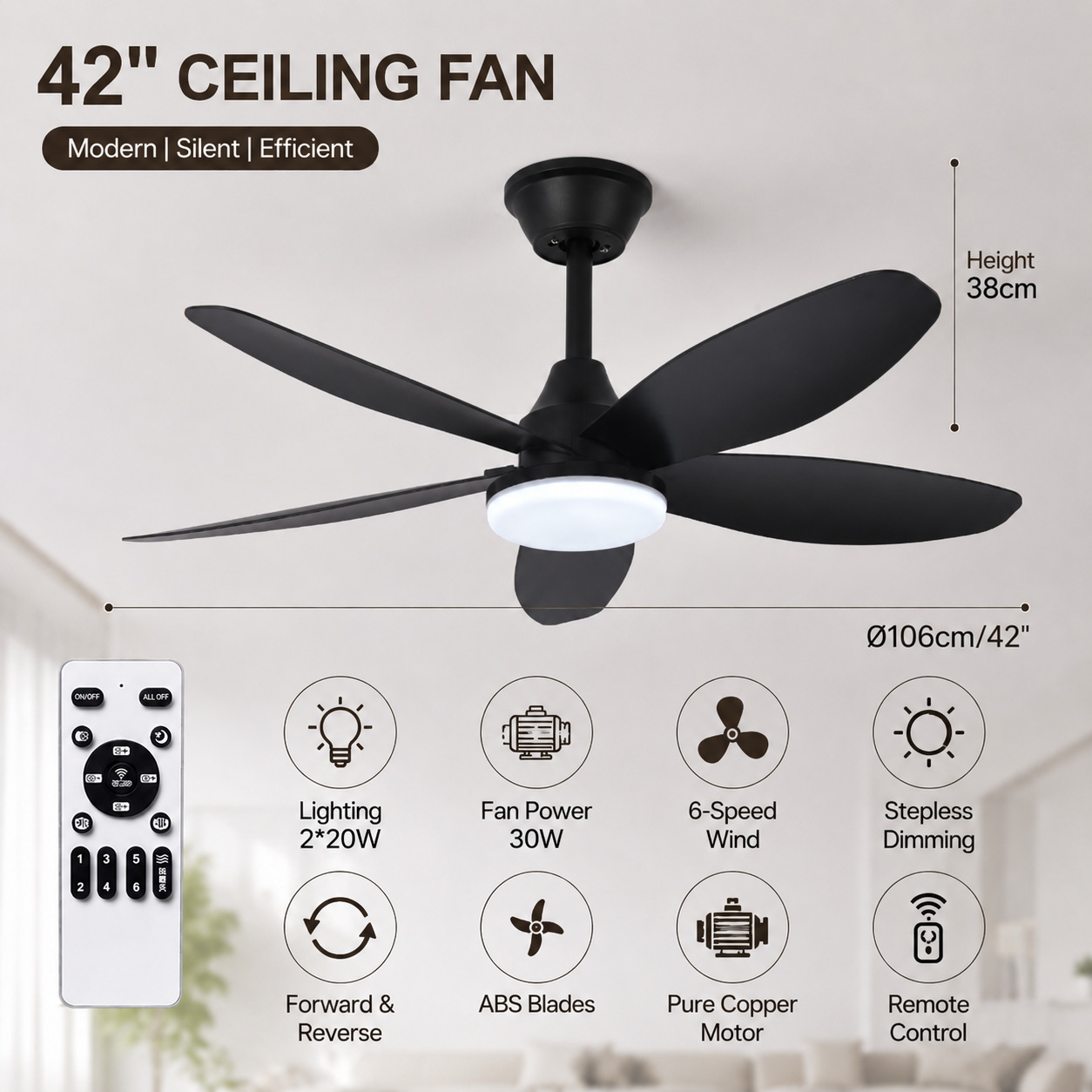 Ventilador de Techo con Luz de ABS y PC, con Control Remoto, Motor DC, para Sala de Estar y Comedor