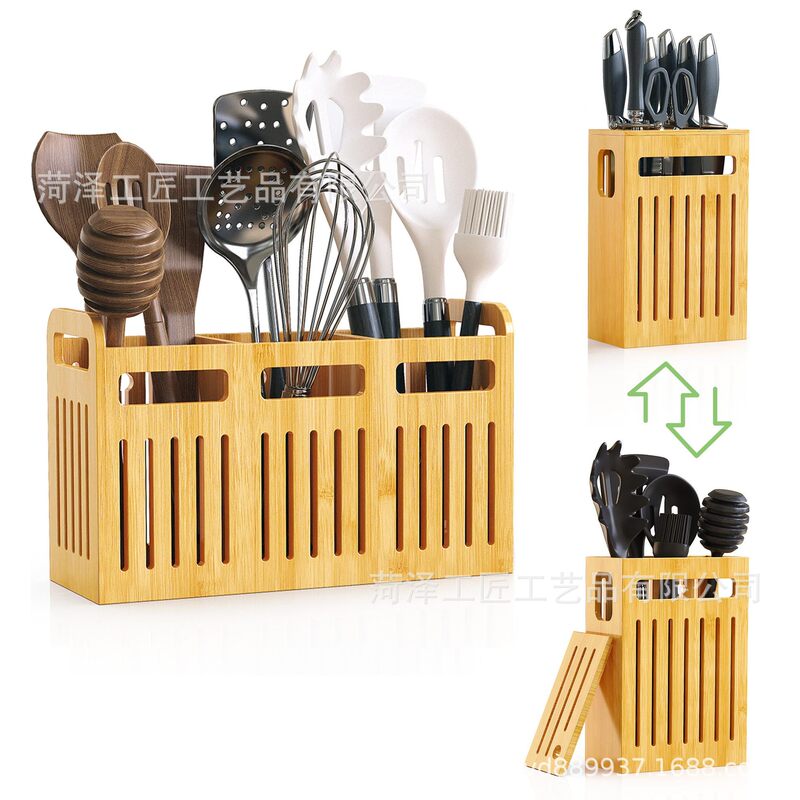 Bamboo Cutlery Holder Set Bamboo Cutlery Storage Rack Knife Fork Chopsticks Organizer with Removable Partition Cutlery Holder