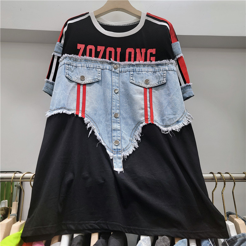 Casual camiseta europea para mujeres verano nuevo diseño de botón de empalme vaquero letras impresión de cuello redondo camisa de manga corta moda