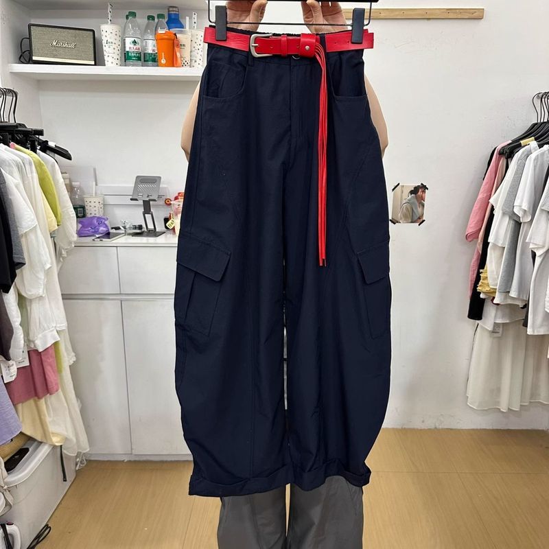 大口袋高腰弯刀气球裤女夏季新款时尚宽松配腰带阔腿休闲工装长裤|undefined