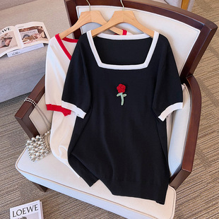 Large size women's summer ice silk knitted jacket fat sister slim 200/300kg short sleeve T-shirt 8191