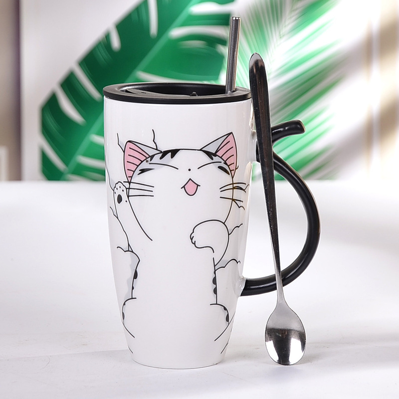 卡通大容量猫猫陶瓷杯带吸管家用水杯马克杯情侣对杯牛奶咖啡杯|undefined