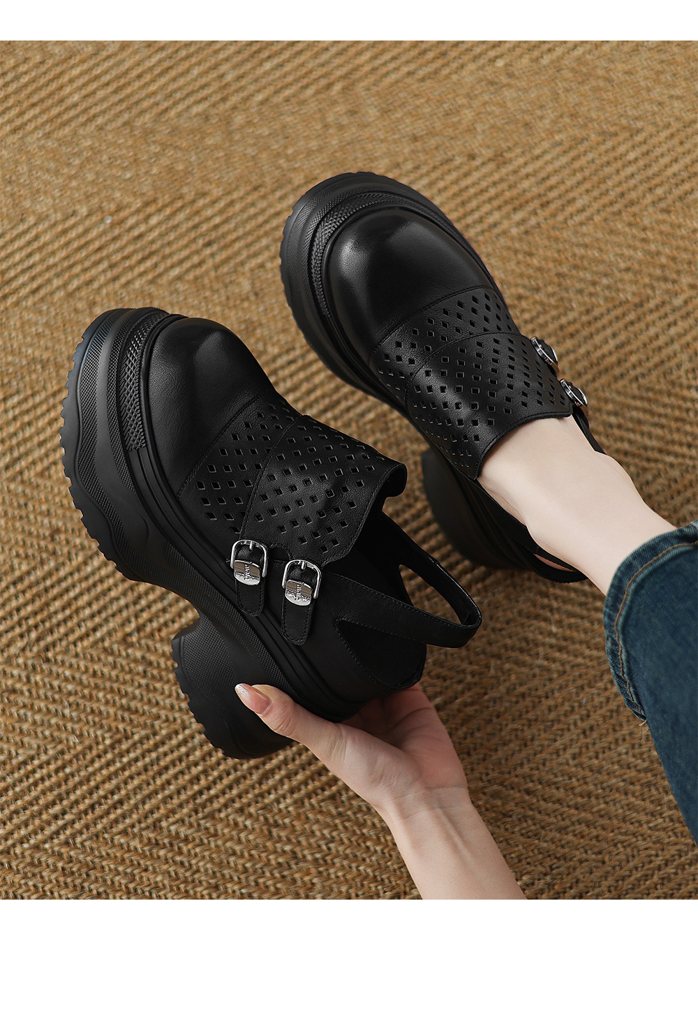 Sandal cao gót nữ đế xuồng 12cm bít mũi hở gót phong cách La Mã — Màu đen, Màu trắng chi tiết 12