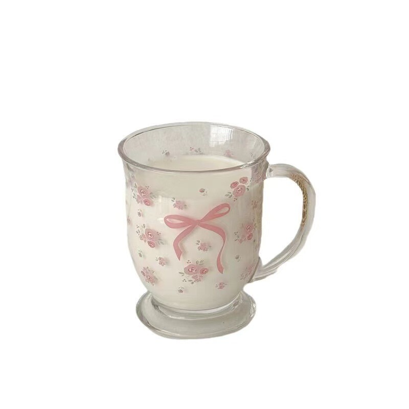 少女心INS法式玫瑰玻璃杯蝴蝶结碎花冷萃杯情侣牛奶杯咖啡早餐杯|undefined
