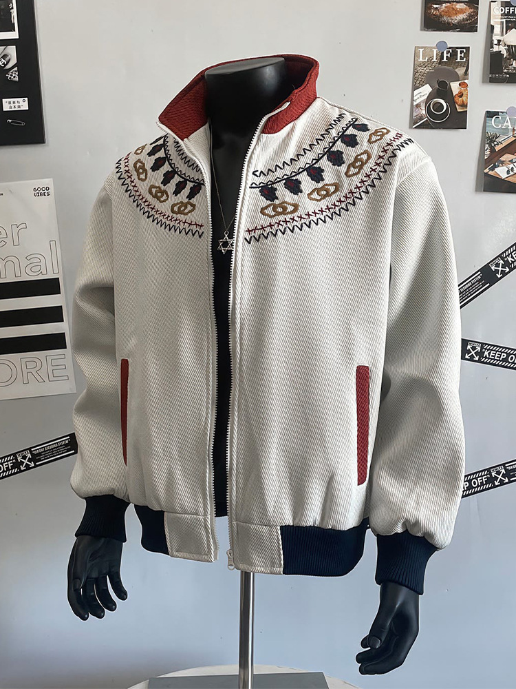 Embroidered Contrasting Design, Stand Up Collar Jacket, Fel Island Knit Sweater, Cardigan Jacket, Top_voghion.com