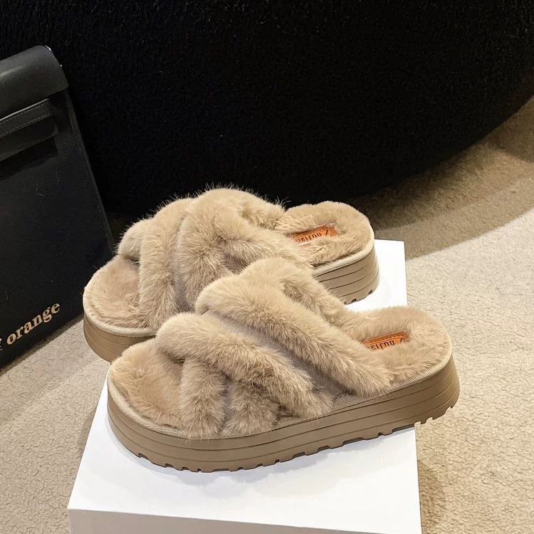 Pelzige Hausschuhe für Damenoberbekleidung im Herbst 2023, Baumwollhausschuhe mit offener Spitze_voghion.com