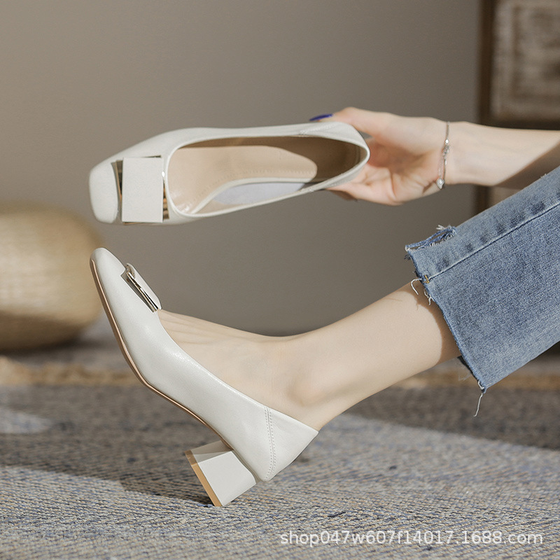 Jinfuli G500-5 Thick Heel Single Shoes for Women 2024 New Casual Easiest for Match Medium Heel 5cm Heel High Square Toe Women's Shoes