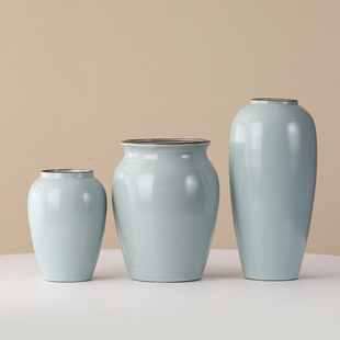 Ru Kiln Song Dynasty Aesthetic Ceramic Dried Flower Hydroponic Vase Living Room Entrance Flower Arrangement Ornament Large Diameter Ecological Vase