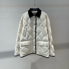 2025冬季新款女装宽松撞色翻领菱形格白鸭绒羽绒服外套 004121