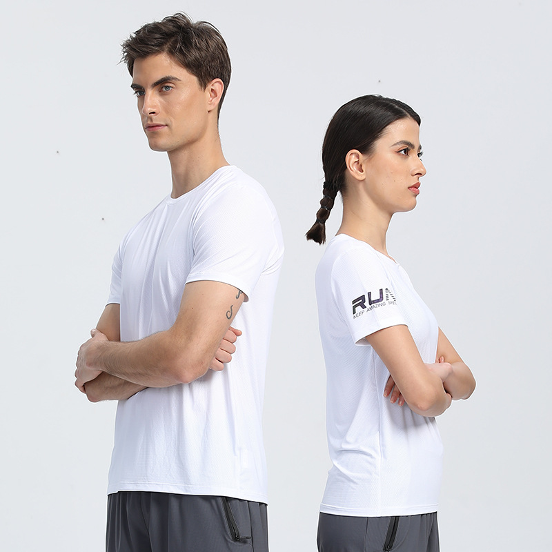 Nylon deportes casual de manga corta impresa de los hombres y las mujeres de cuello redondo de hielo de secado rápido camiseta de color sólido europeo y americano superior