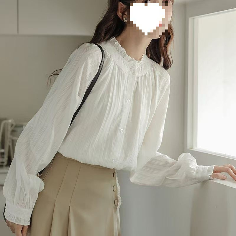 New Velvet French Stand-Up Collar White Age-Reducing Shirt for Women Autumn and Winter 2024 New Lace Inner Layer