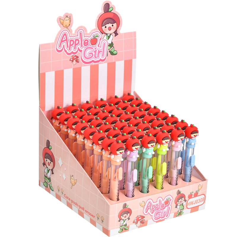 Caricaturas lindas manzanas más y más hermanas empujar y tirar borradora lápiz de estiramiento empujar borradora estudiantes de papelería al por mayor