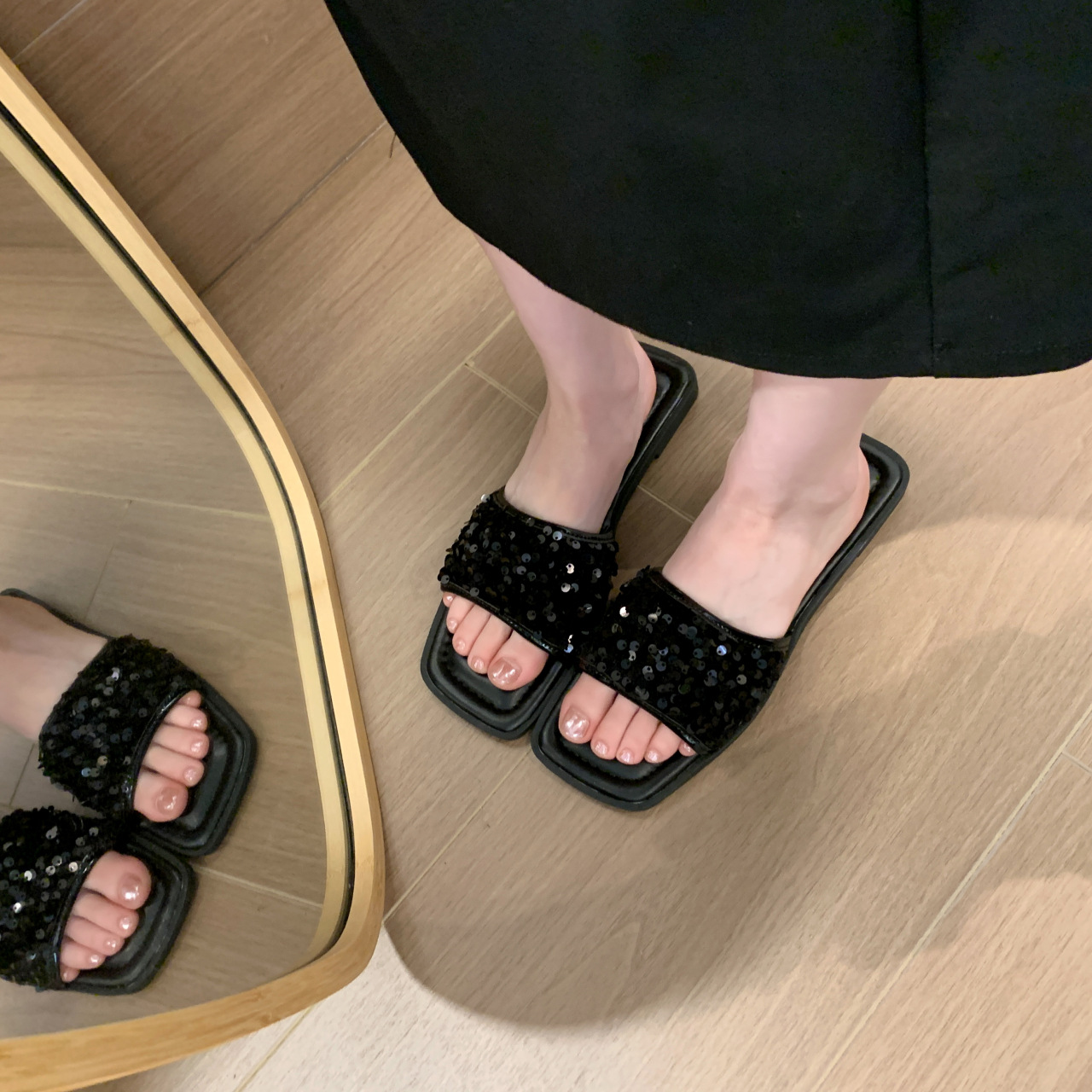 Women's Casual Vacation Solid Color Sequins Square Toe Slides Slippers display picture 17