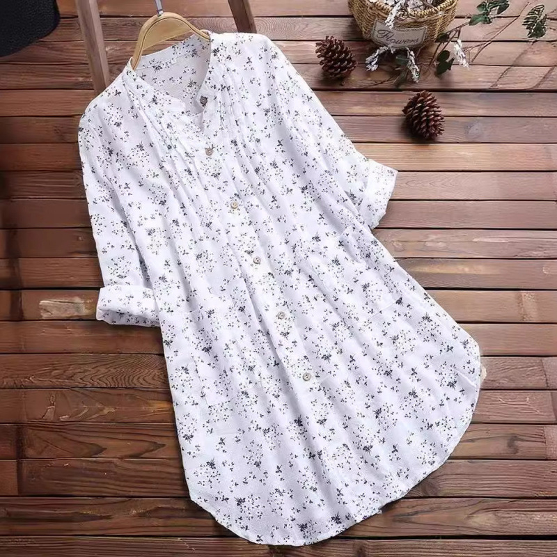2025 Women's Shirt New Cotton and Linen Floral Mid-Length Loose Shirt