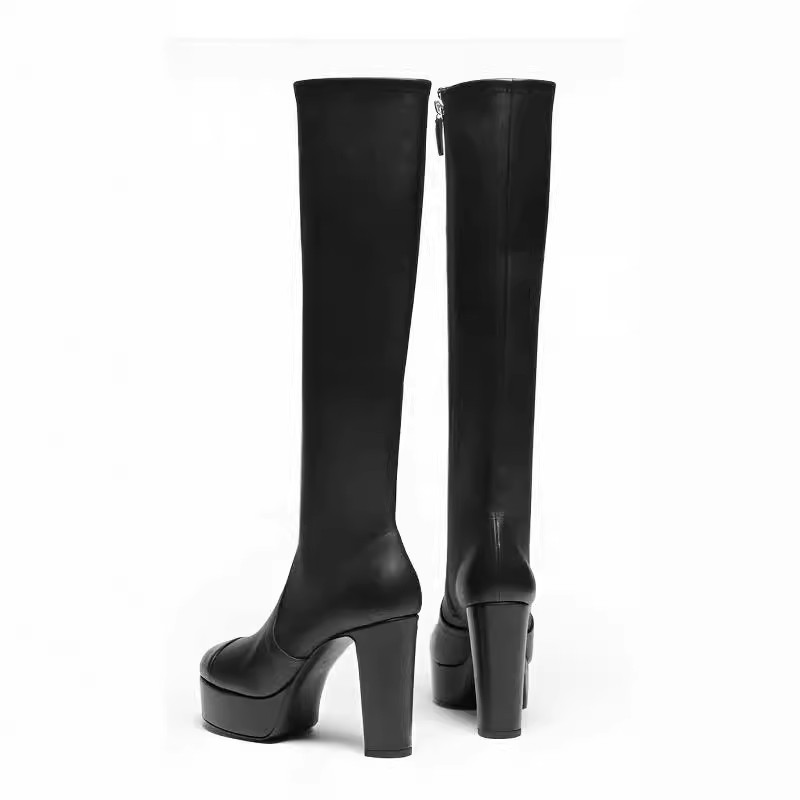 Stora högklackade vattentäta platåstövlar med elastiska klackar höst- och vinterhöga stövlar runda stövlar för kvinnor smala stövlar_voghion.com