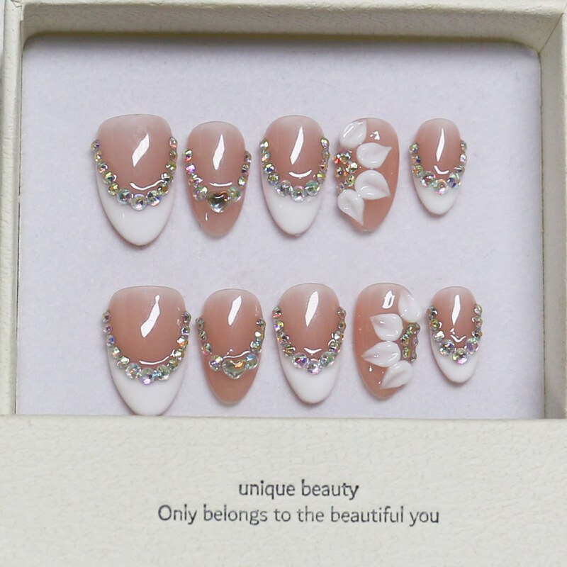 European and American New Style French Small Diamond Three-Dimensional Carved Almond Nails, Gentle Style Handmade Wearable Nails, Finished Fake Nails Wholesale European and American New Style French Small Diamond Three-Dimensional Carved Almond Nails, Gentle Style Handmade Wearable Nails, Finished Fake Nails Wholesale