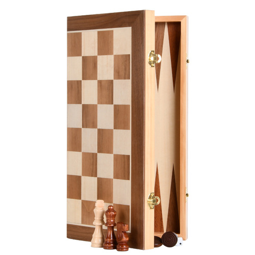 StarCraft Large Wood-Patch Puzzled Chess Set with Real Wood, International Chess, Checkers, and Backgammon, Dual-Panel Chess Box Set