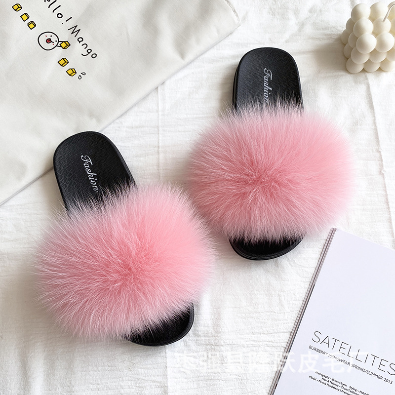 Amazon transfronterizo zapatillas de pelo de zorro real zapatillas de pelo de fondo plano zapatillas de pelo de mujer zapatillas de pelo de verano nuevas exportaciones