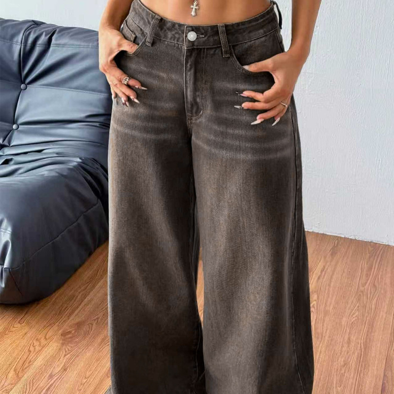 Tk184 New Style Women's Washed Frayed Coffee Brown Low-Waist Slim Straight Wide-Leg Denim Floor-Length Pants