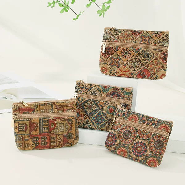 Original wood grain double layer coin purse card case key case data cable storage bag
