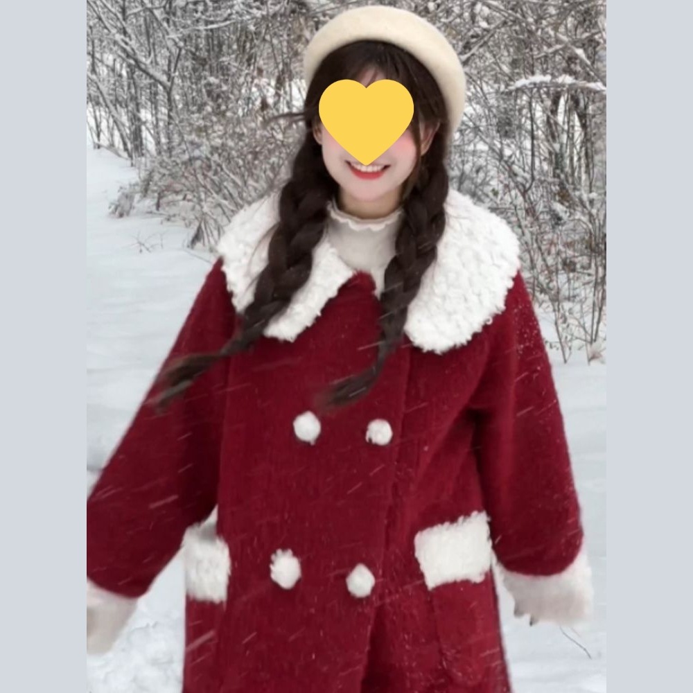 新年战袍圣诞红毛领拼接外套女冬季加厚呢子大衣小个子甜美感穿搭
